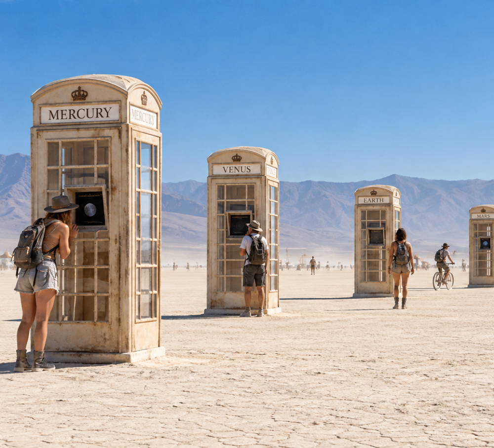 Close daylight view of the Mercury, Venus and Earth kiosks across the playa
