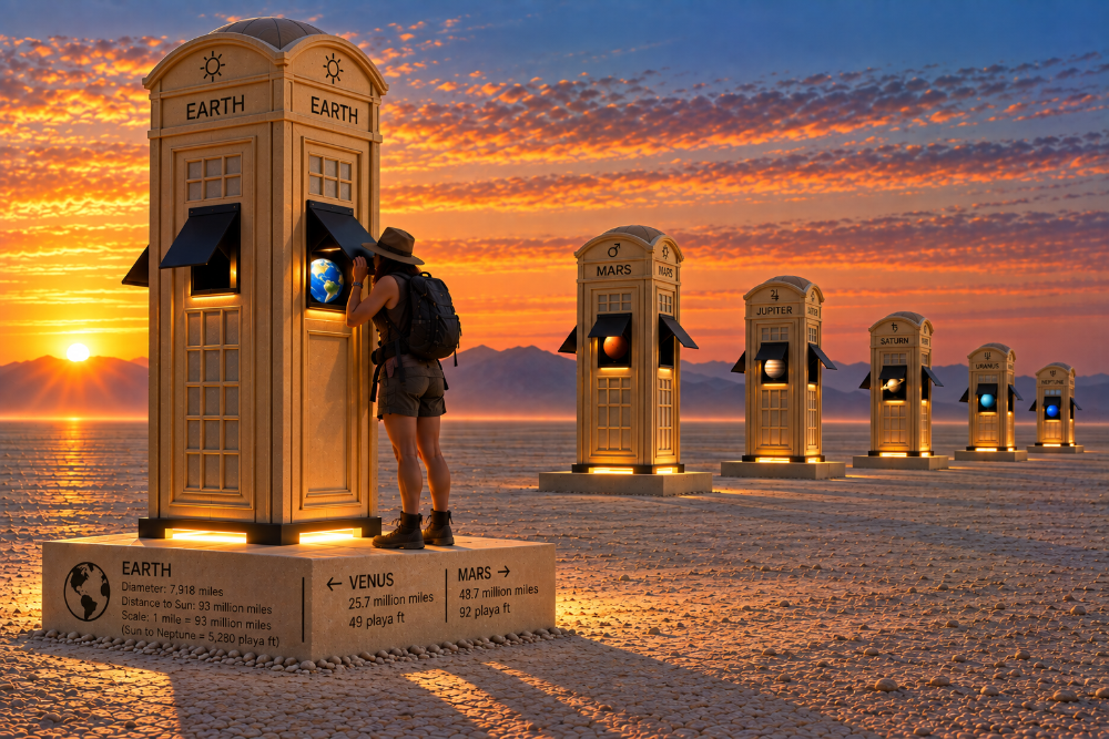 CAN YOU HEAR ME? concept rendering showing the Earth kiosk at sunset with adjacent planetary kiosks and engraved plinth
